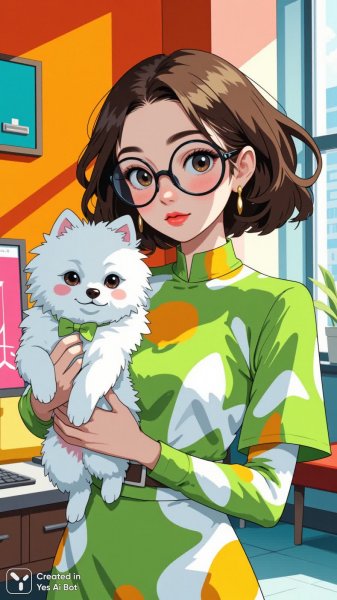 Яркий портрет: девушка с собакой в стильном интерьере. Генерация из нейронной сети Flux Ai
