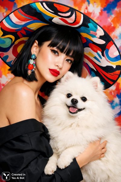 Яркий портрет: девушка, собака и мода в цвете. Нейросеть Sora Ai Images