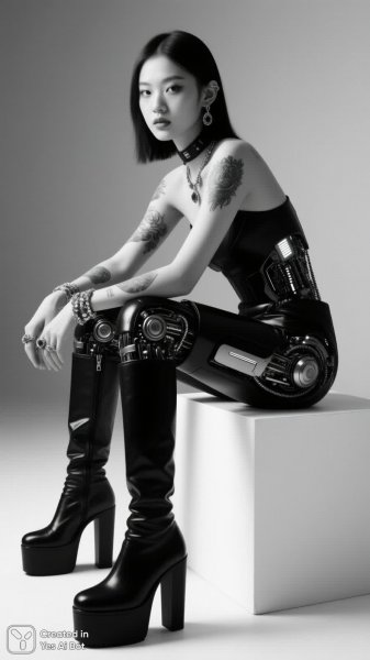 Девушка в ботинках на платформе: черно-белая элегантность и стиль. Картинка из нейронной сети Qwen