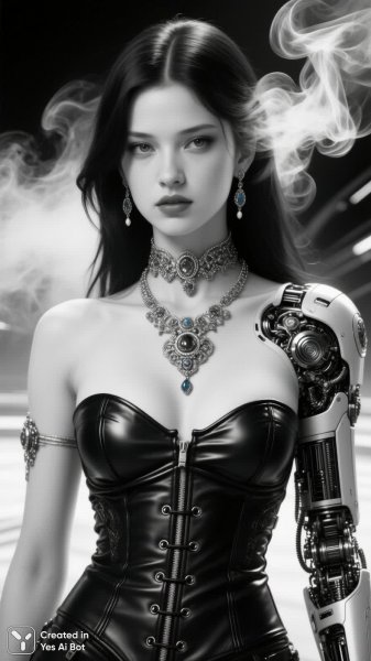 Загадочная красотка в кожаном корсете и таинственной дымке черно-белого фото. Картинка из нейронной сети Qwen Images