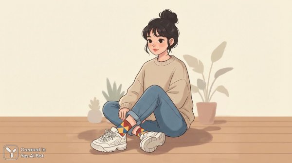 Девушка в ярких носках и кроссовках на светлом фоне. Генерация из нейронной сети Нано Банана