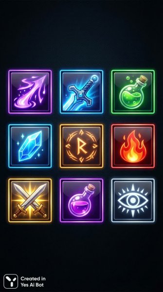 Сияющие иконки навыков фэнтези: магия, оружие и артефакты для игр. Нейросеть Nano-Banana