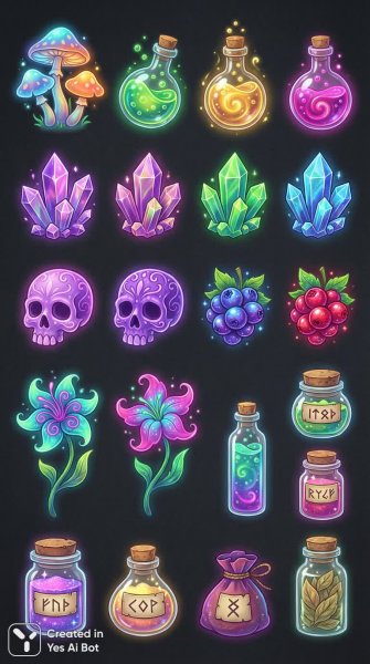 Волшебный мир: коллекция сказочных объектов и ингредиентов для дизайна. Картинка из нейронной сети Nano-Banana