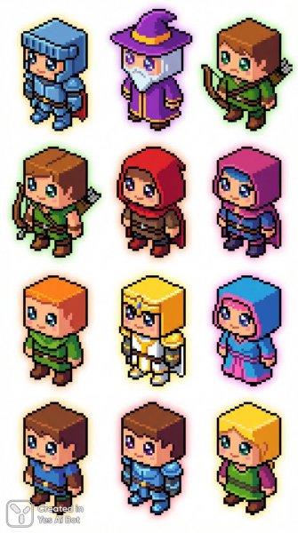 Яркие герои пиксель-арта в уютном цифровом мире фэнтези с выразительными глазами и симметричным расположением. Генерация из нейронной сети NanoBanana