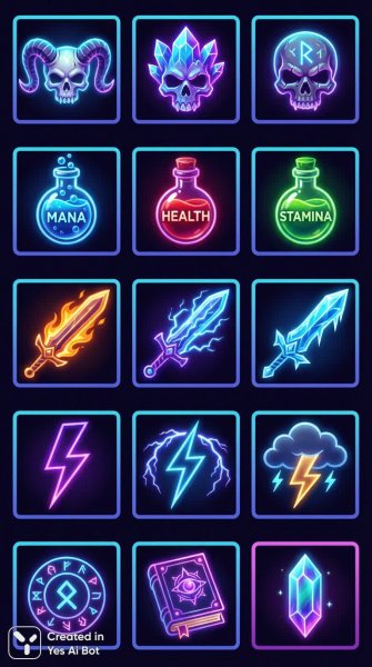 Неоновый фэнтези: набор иконок для игры с магическими элементами и ярким дизайном. Генерация из нейронной сети Nano Banana