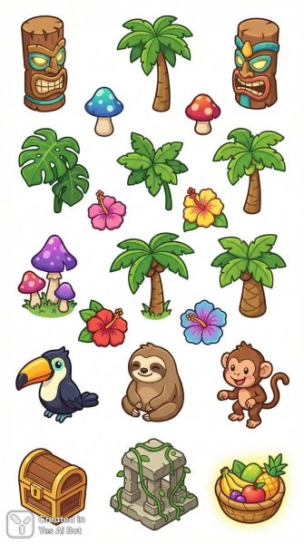 Яркий тропический мир: джунгли в изометрии и стилизованные животные. Генерация из нейронной сети Nano Banana