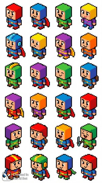 Яркие герои пиксель-арта в изометрической расстановке для видеоигры. Изображение из нейронной сети Нано Банана