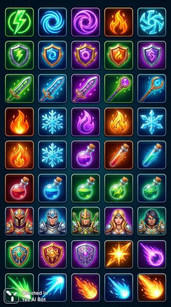 Неоновые магические иконки: заклинания, артефакты и герои фэнтези. Изображение из нейросети Nano-Banana