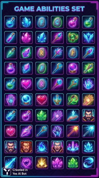 Магические иконки для игр: сборник способностей и артефактов фэнтези мира. Нейросеть Nano-Banana