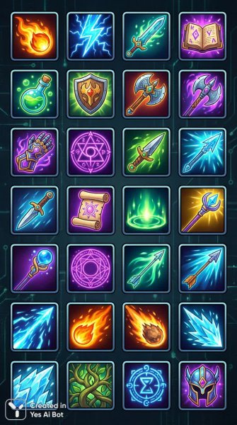 Магические иконки для ролевой игры: огонь, молния, мечи и заклинания. Генерация из нейронной сети Nano Banana