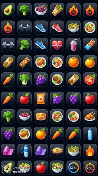 Яркие иконки: здоровая еда для фитнеса и цифрового искусства. Генерация из нейросети Nano-Banana