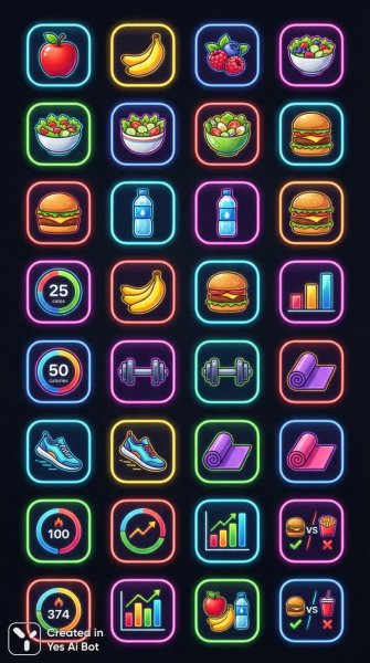 Иконки для фитнеса: здоровое питание и полезные перекусы в ярком стиле. Генерация из нейронной сети NanoBanana