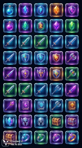 Яркие иконки в стиле фэнтези для игрового интерфейса сайта. Картинка из нейросети Нано Банана