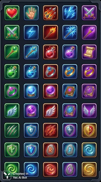 Набор иконок для сайта: магия способностей и артефакты в стиле RPG. Изображение из нейронной сети NanoBanana