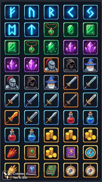 Набор фэнтези иконок для сайта в пиксель арт стиле с магическими символами и артефактами. Генерация из нейронной сети Нано Банана