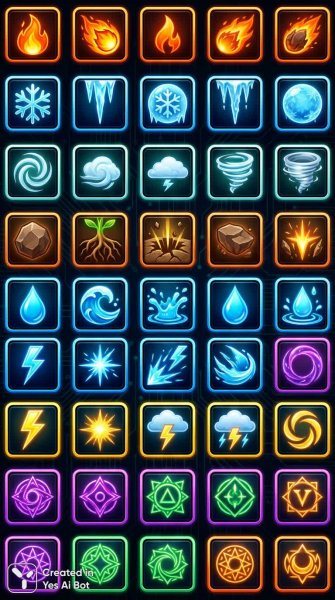 Яркие магические иконки для видеоигры: стихии и заклинания. Изображение из нейросети Nano-Banana