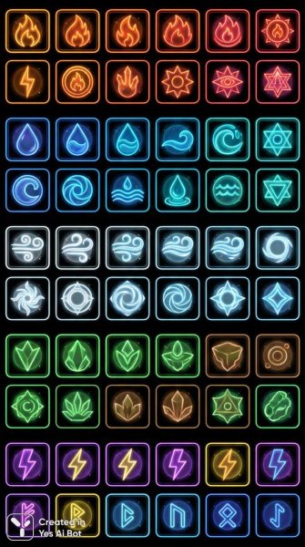 Магические иконки заклинаний: яркий набор для цифрового дизайна. Изображение из нейронной сети Nano-Banana