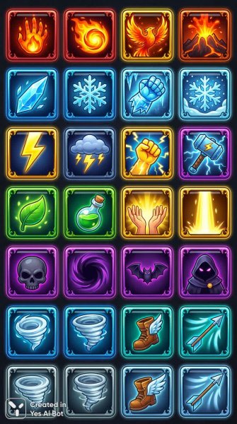 Магические иконки для видеоигры: элементы силы и стихийных способностей. Генерация из нейронной сети NanoBanana