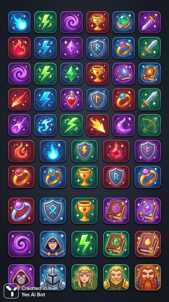 Фэнтези иконки для мобильной игры: яркий набор элементов с волшебством и деталями. Генерация из нейросети NanoBanana