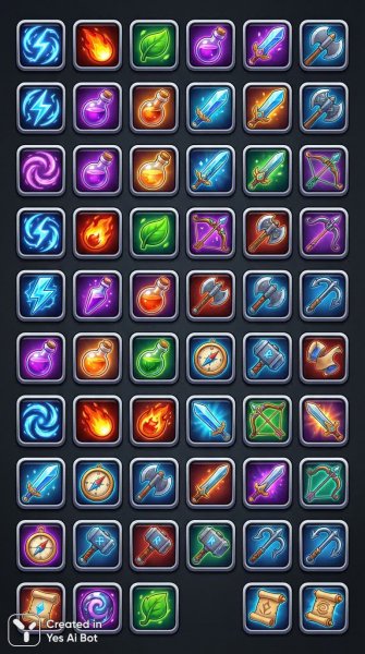 Яркий набор фэнтезийных иконок для приложения: магия, оружие и инструменты в детальном стиле. Нейронная сеть Нано Банана