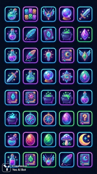 Яркие иконки для приложения в стиле фэнтези. Генерация из нейросети Нано Банана
