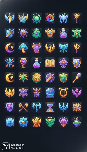 Яркие иконки для приложения: фэнтези, герои и магия. Изображение из нейронной сети Нано Банана