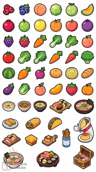 Яркое изометрическое меню: аппетитные блюда и свежие продукты для вашей игры. Картинка из нейронной сети NanoBanana