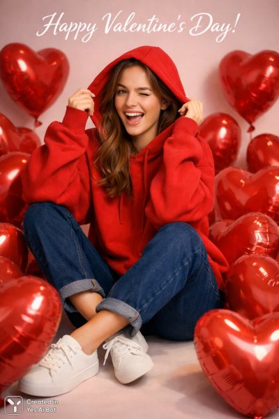 Девушка в красном свитере и облаке сердец: теплая фотосессия на Валентина. Изображение из нейронной сети Sora Images