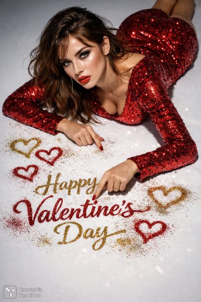 Молодая женщина в блестящем платье рисует сердца на полу. Генерация из нейросети Sora Image