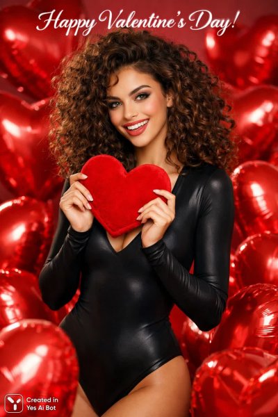 Сногсшибательная красотка с воздушными шарами и Валентином. Генерация из нейросети Sora Ai Images