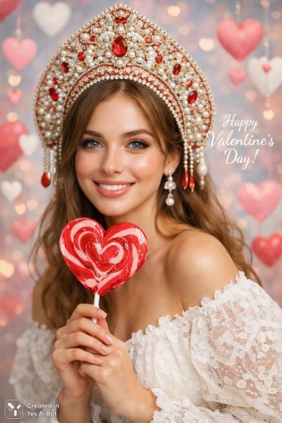 Нежная красота с кокошником и леденцом: мечтательное фото на День святого Валентина. Картинка из нейронной сети Sora