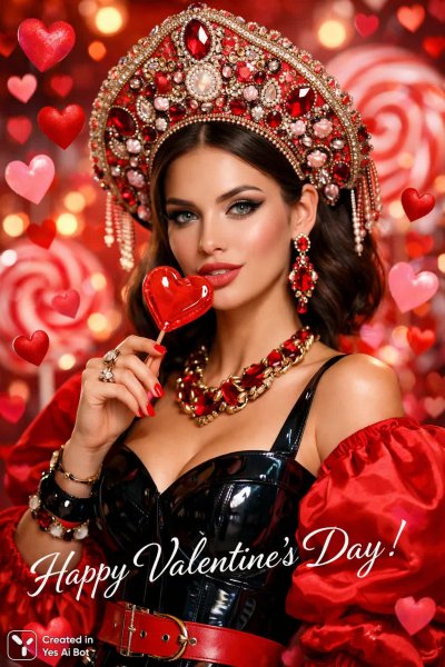 Нежность и стиль: Валентинка в кокошнике с леденцом и сердцами. Генерация из нейросети Sora images Ai