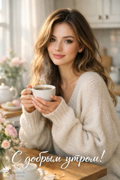 Уютное утро в светлой кухне с чашкой кофе и нежной улыбкой. Картинка из нейросети Sora