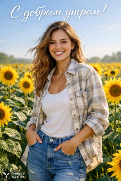 Утренняя радость в поле подсолнухов. Картинка из нейронной сети Sora