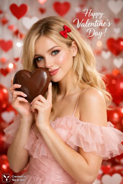 Нежная красота в День святого Валентина: фотосессия с шоколадным сердцем. Изображение из нейросети Sora Images
