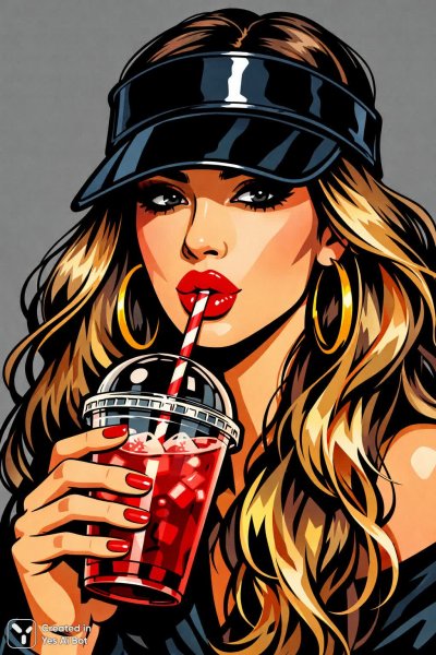 Яркая девушка в стиле поп-арт с красными губами и волнистыми волосами. Нейросеть Sora Ai Images