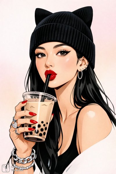 Девушка с милым напитком и стильными аксессуарами в нежной пастельной атмосфере. Генерация из нейронной сети Sora images Ai