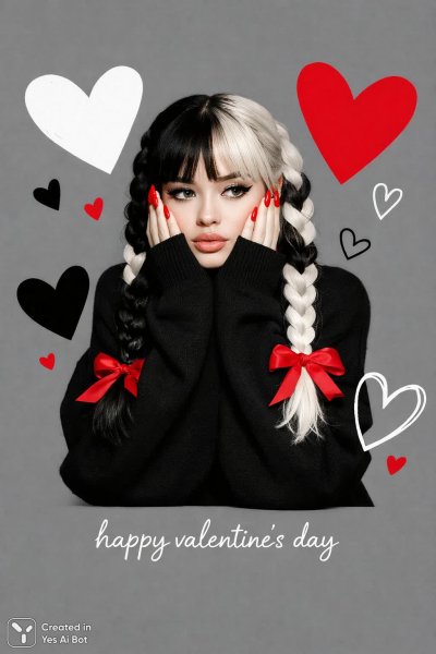 Девушка с косичками в праздничном настроении и абстрактными сердцами. Картинка из нейросети Sora Ai Images