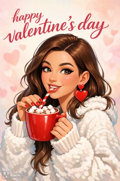 Сладкие объятия: Валентинка в уютном свитере и с какао. Изображение из нейросети Sora Images