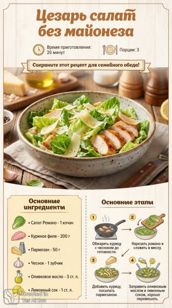 Легкий салат Цезарь: быстрый и полезный рецепт для всей семьи. Изображение из нейронной сети NanoBanana