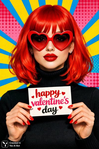 Девушка с огненно-красными волосами и романтичным настроением на День святого Валентина. Генерация из нейросети Sora Image
