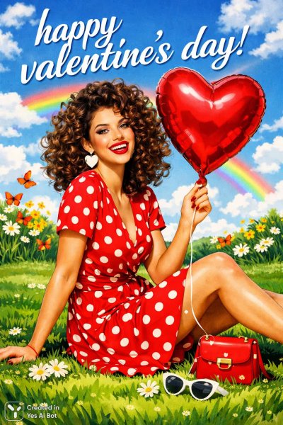 Девочка с кудрями и воздушным шаром: иллюстрация к Дню святого Валентина. Нейронная сеть Sora Images