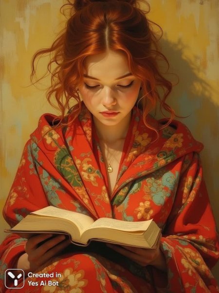 Задумчивое чтение: импрессионистическая картина спокойствия и уюта с ярким шарфом. Изображение из нейронной сети Flux 1