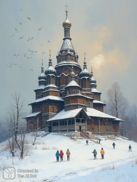 Зимняя сказка на Кижи: деревянная церковь в снежном плену. Изображение из нейронной сети Flux Ai