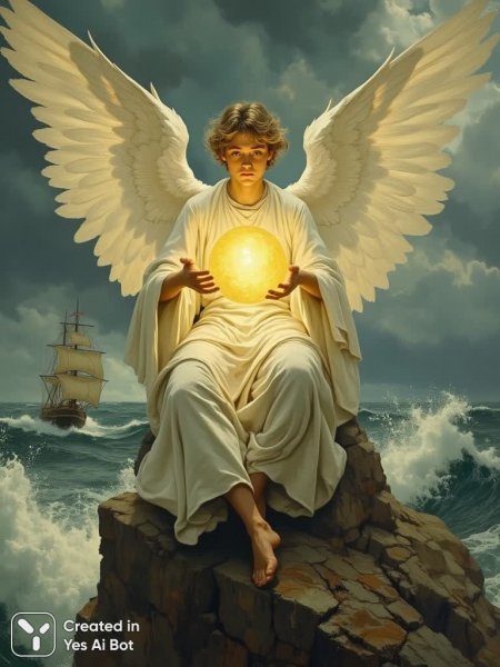 Ангел надежды: спокойствие среди бури и золотое сияние небес. Изображение из нейронной сети Flux Ai