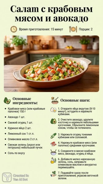 Изысканный салат с крабом и авокадо: рецепт за 15 минут для особенного ужина. Картинка из нейросети Нано Банана