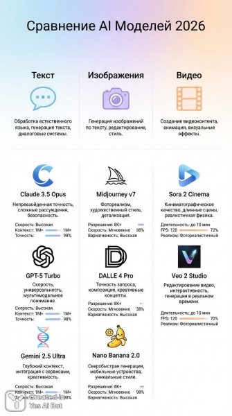 Сравнение ИИ моделей: текст, изображения и видео в 2026 году. Картинка из нейросети Nano Banana