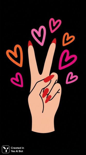 Мирный жест с красными ногтями в окружении сердец. Генерация из нейронной сети Nano-Banana
