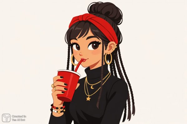 Девушка с красной повязкой и пучком волос в игривом настроении. Картинка из нейросети Sora Image