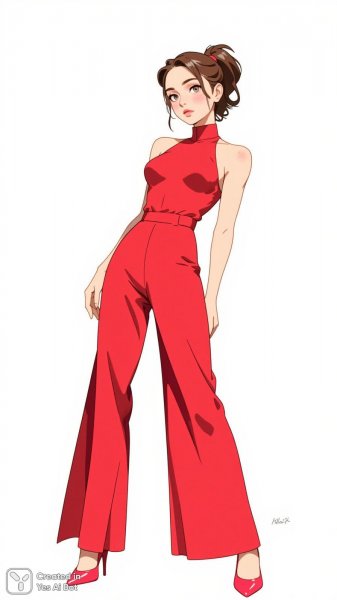 Элегантность в красном: стильная иллюстрация модной девушки в комбинезоне. Нейронная сеть Flux